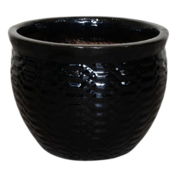 Glazed Pattern Ceramic Pot - Shiny Black